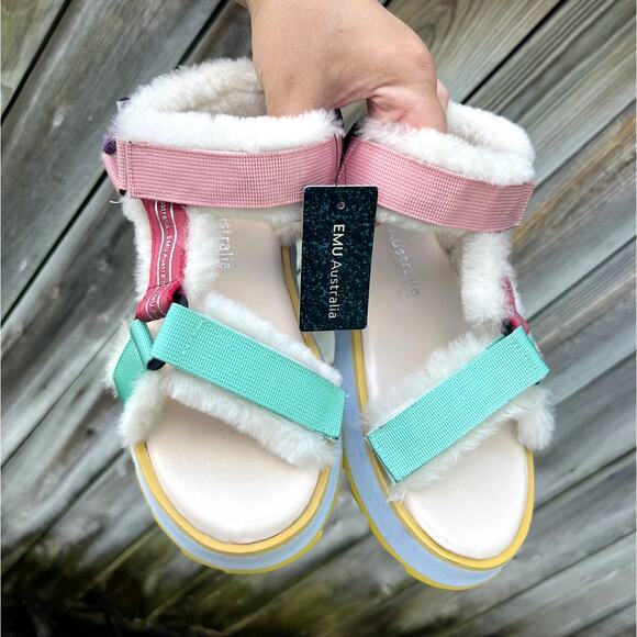 Emu Australia Raven Platform Furry Sandals Women's 6 Pink Teal Purple - Picture 3 of 8